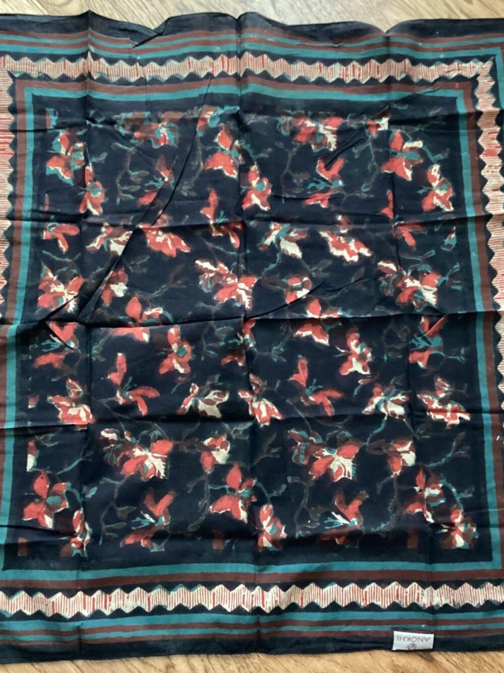 NWT Anokhi Scarf Hand Block Printed Cotton 20"x20" & Tying Guide BOHO FESTIVAL